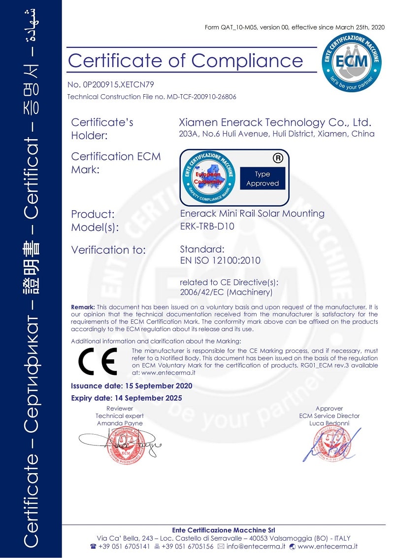 Enerack mini rail solar mounting CE certificate